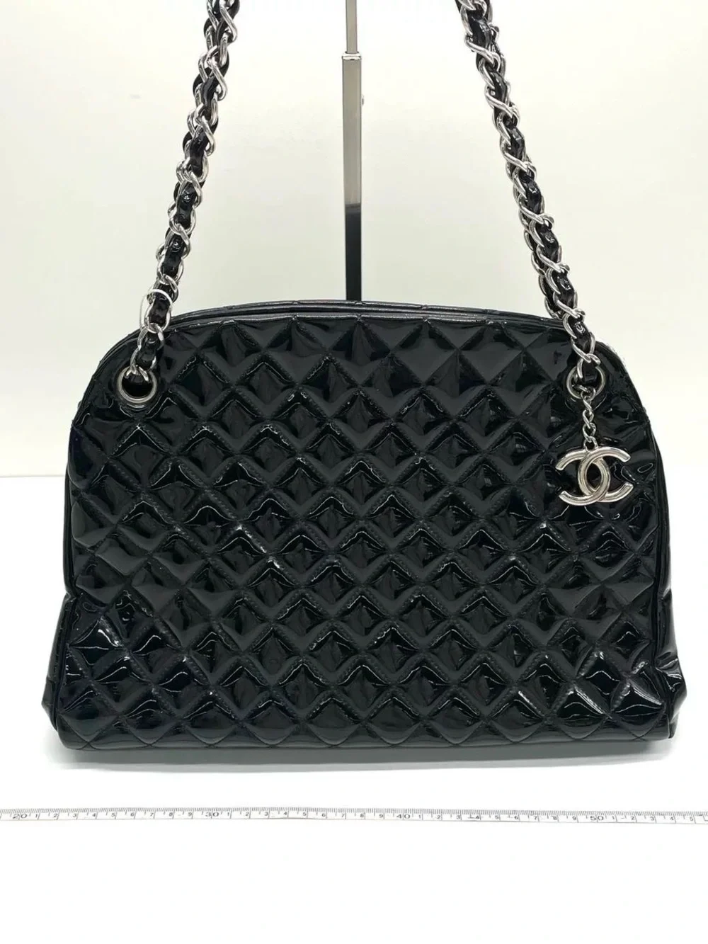 CHANEL Black Quilted Patent Shoulder Bag with Chain and CC Charm